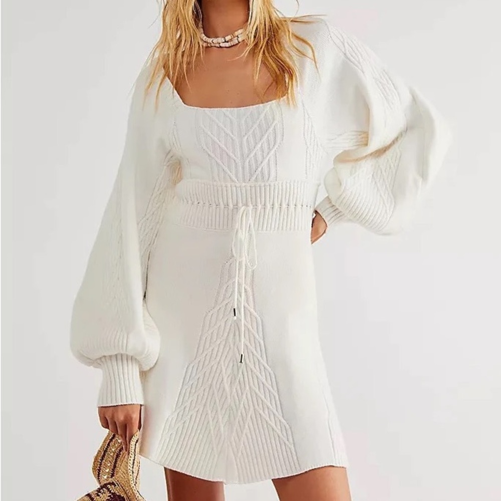 NWT Free People Emmaline Square Neck Cable Knit Mini Sweater Dress